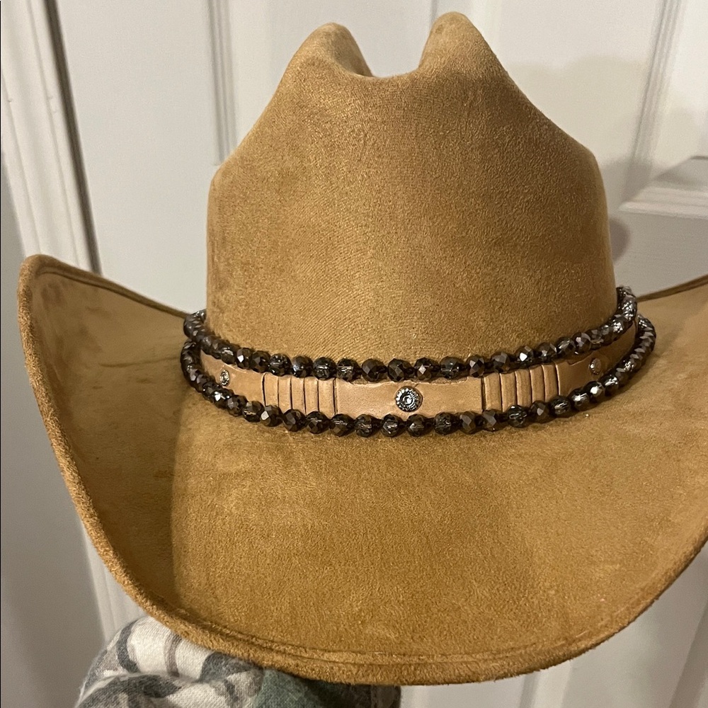Embellished Tan Suede Western Hat with Beaded Band
